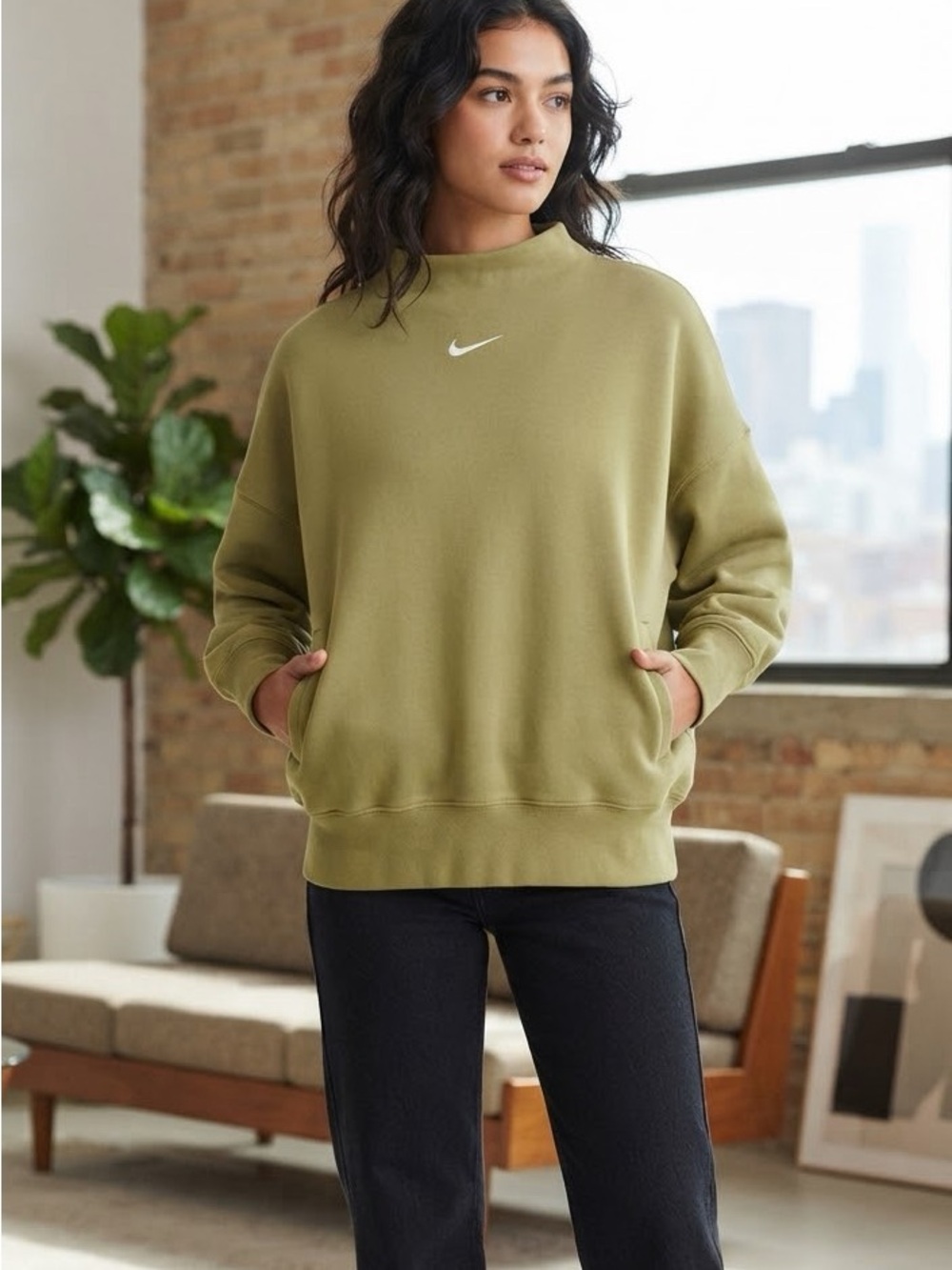 Nike Olive Green Crewneck Sweatshirt with White Swoosh